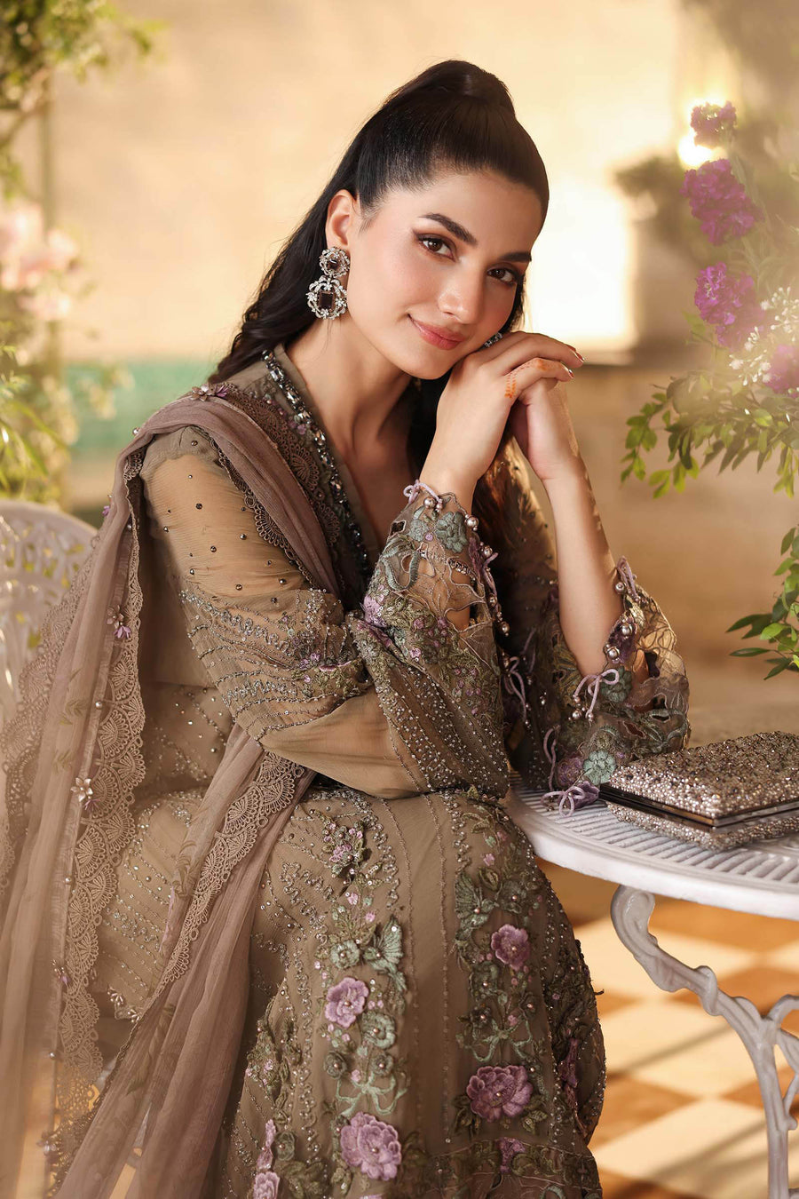 Maria B Luxury Pure Chiffon Embroidered Unstitched 3PC Suit brown