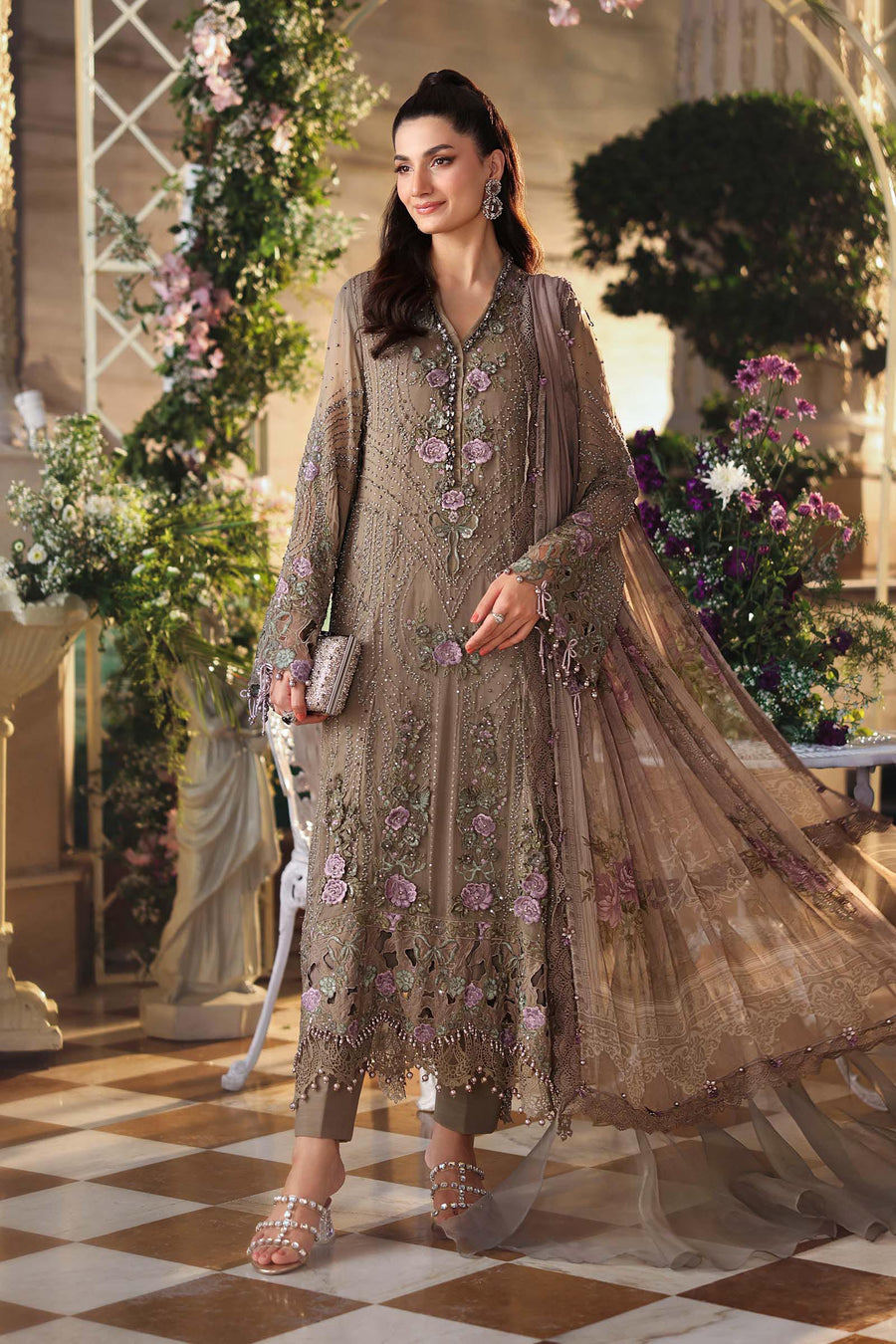 Maria B Luxury Pure Chiffon Embroidered Unstitched 3PC Suit brown