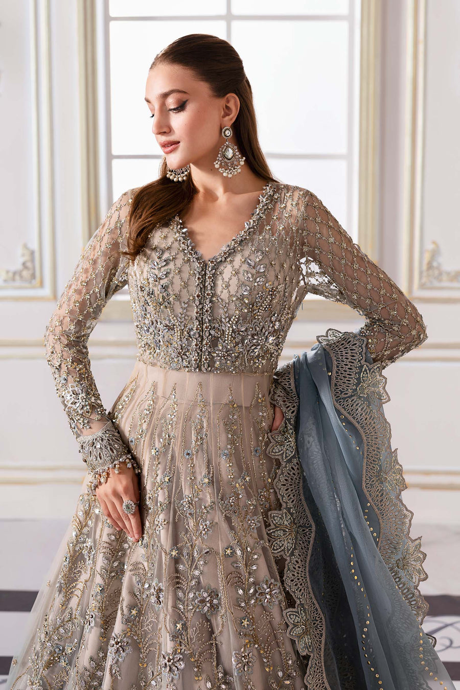 Piece Unstitched Embroidered Net Suit | BD-3002 coffe to aqua