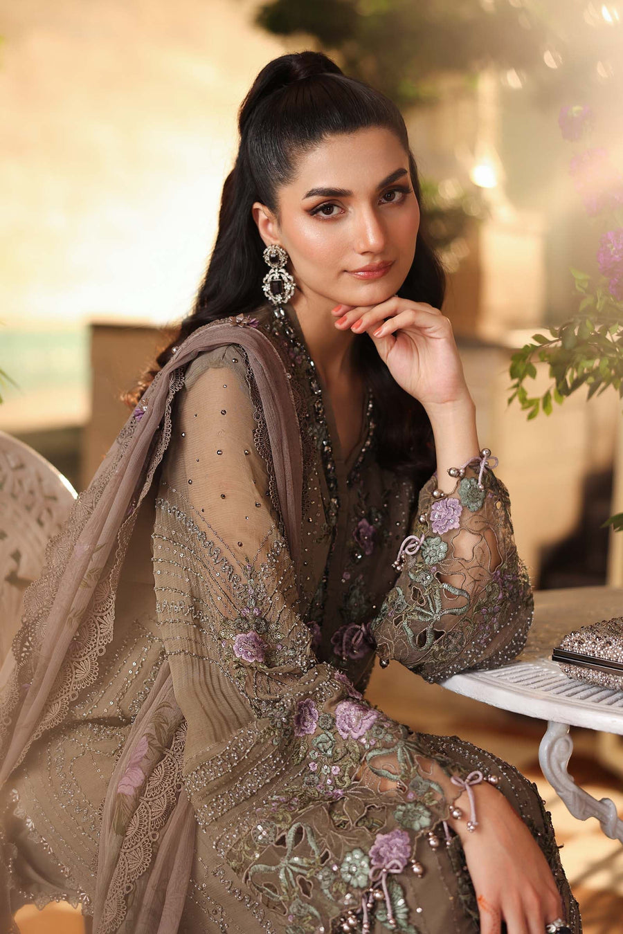 Maria B Luxury Pure Chiffon Embroidered Unstitched 3PC Suit brown