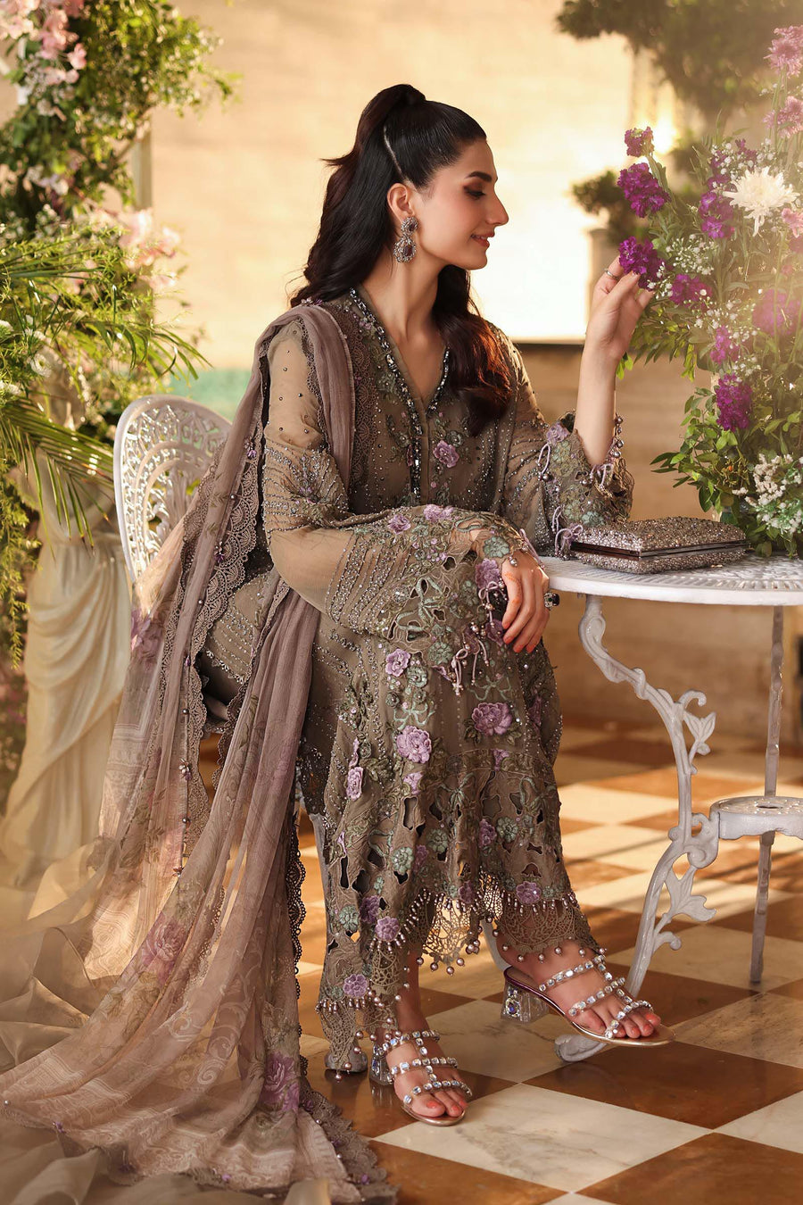 Maria B Luxury Pure Chiffon Embroidered Unstitched 3PC Suit brown