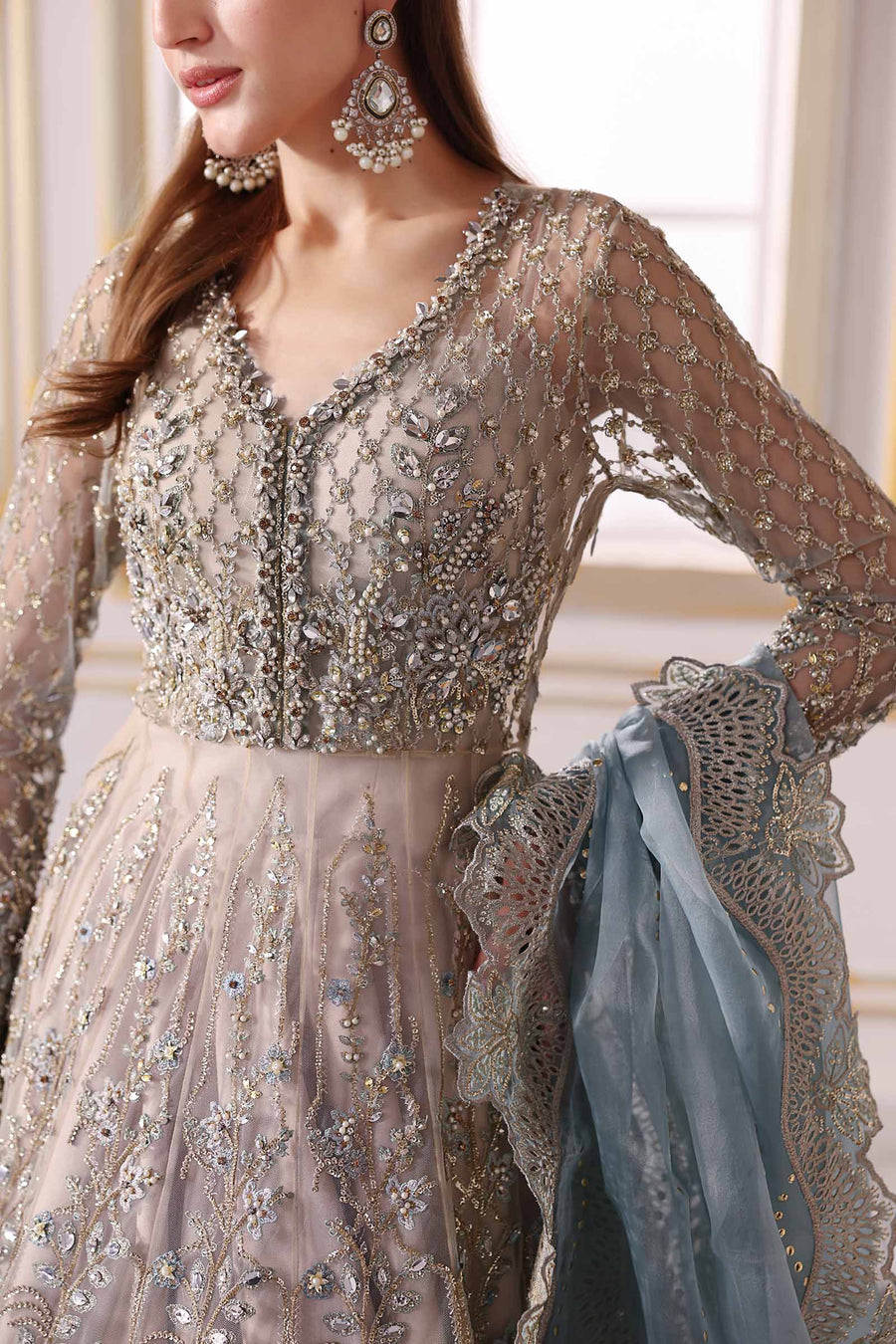 Piece Unstitched Embroidered Net Suit | BD-3002 coffe to aqua