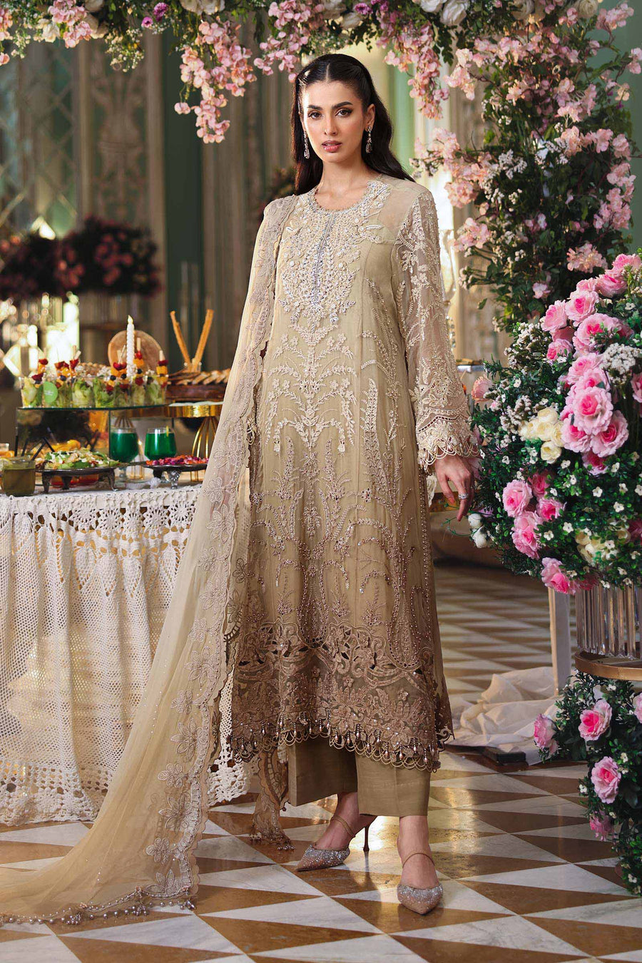 3 Piece Unstitched Embroidered Chiffon Suit COFFFE